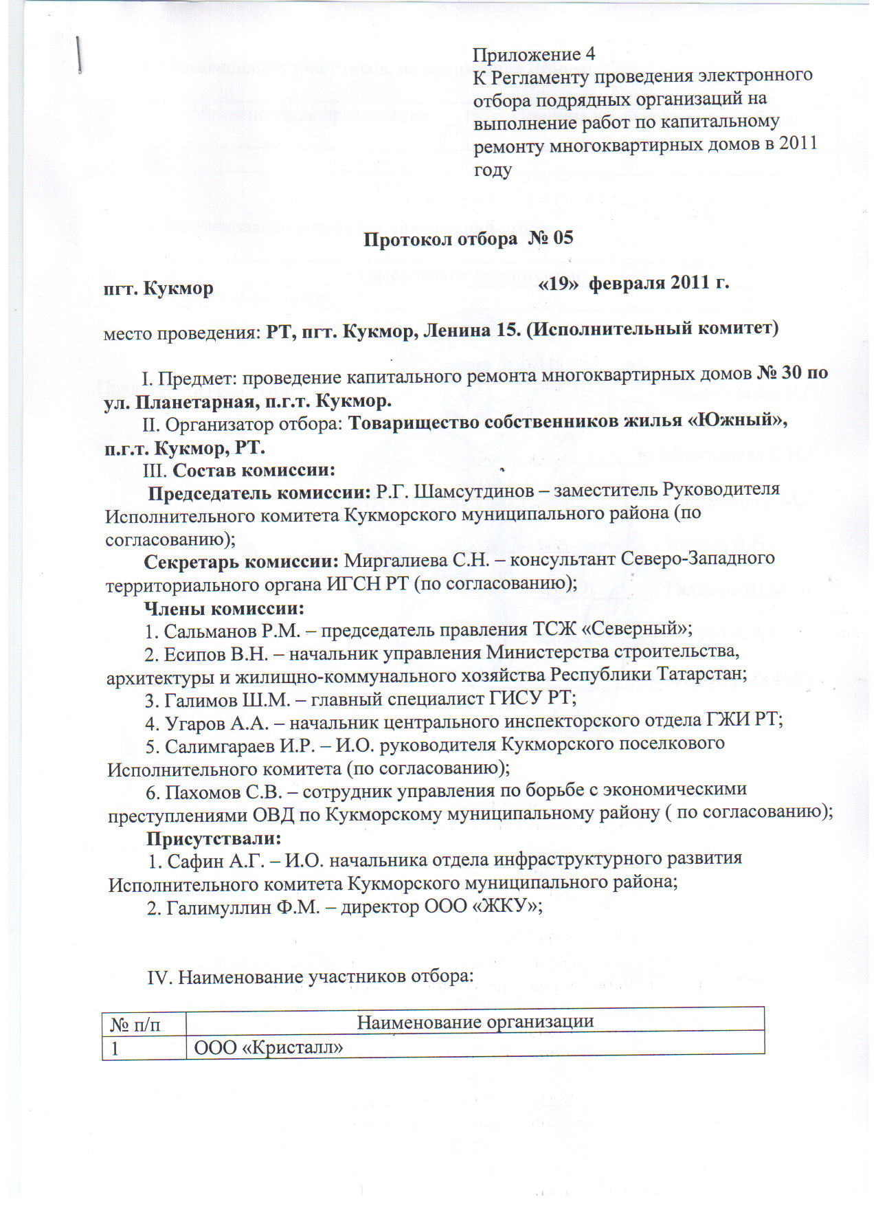 Протокол отбора подрядных организаций на проведение капитального ремонта в 2011  году